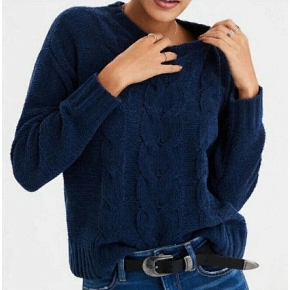 American Eagle Pullover Sweater Chunky Cable Knit Navy Blue Crew Neck Womens XS